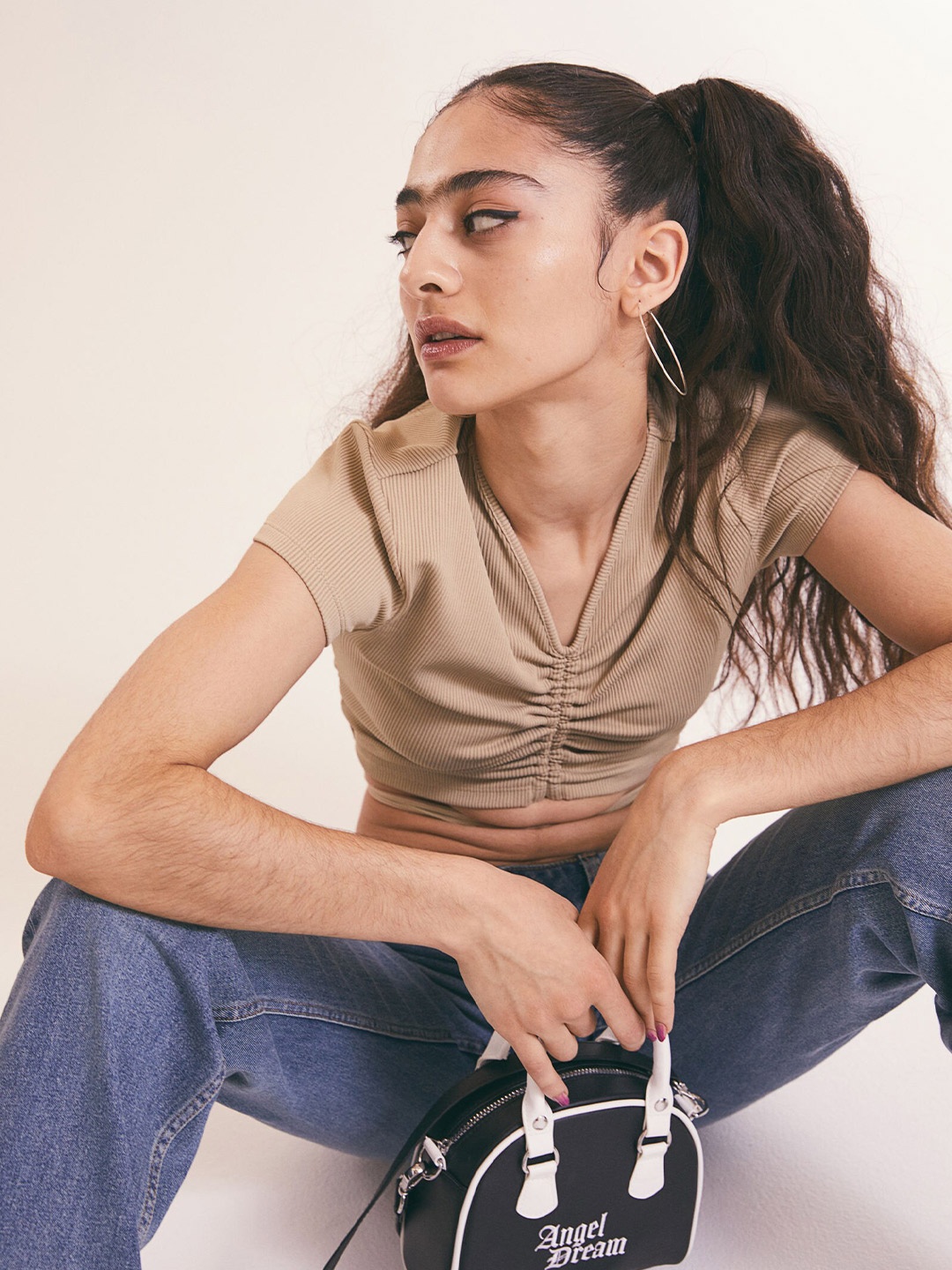 

H&M Women Beige Solid Cropped Tie-Detail Top