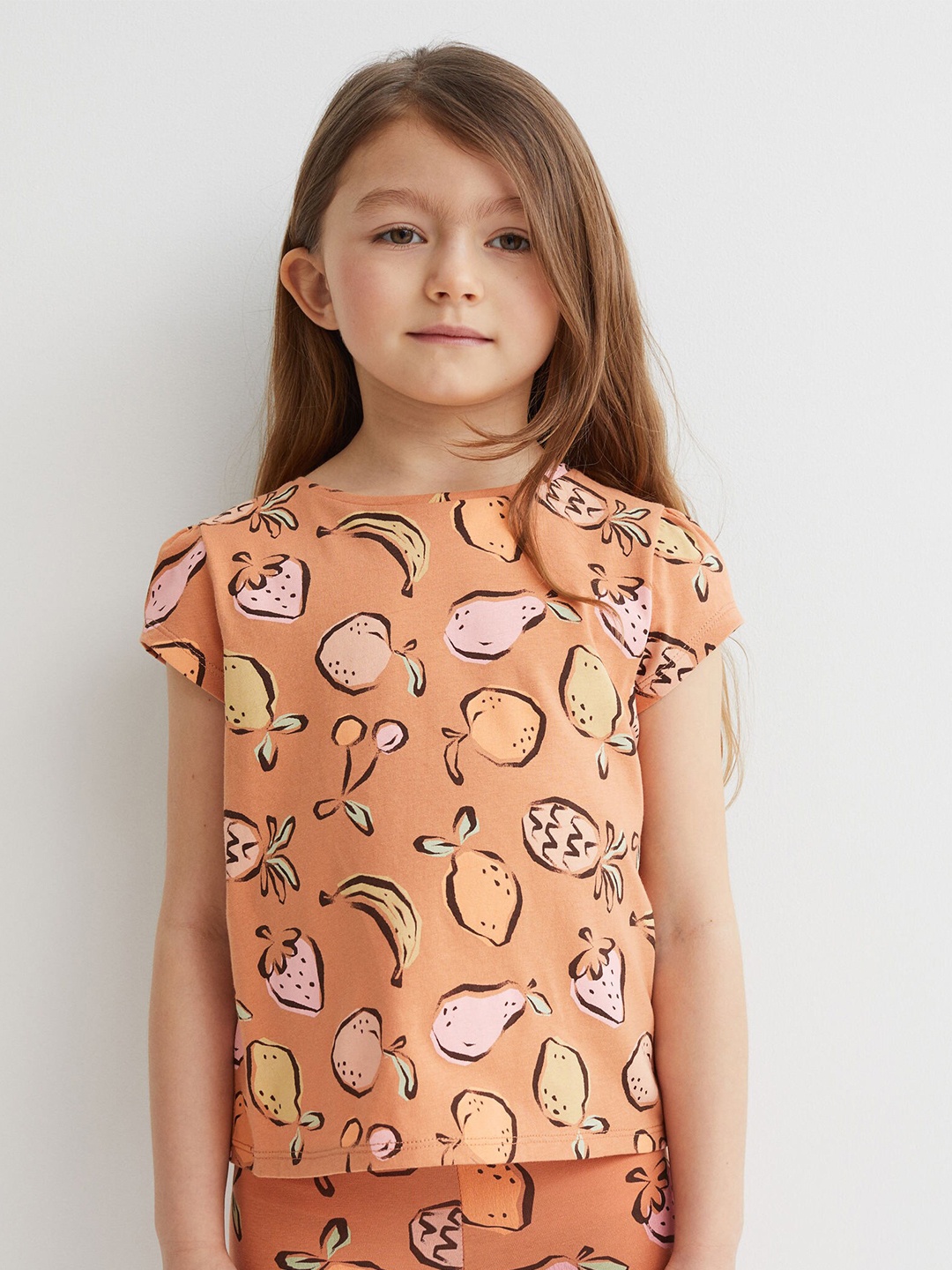 

H&M Girls Orange Printed Puff-Sleeved Cotton Jersey Top