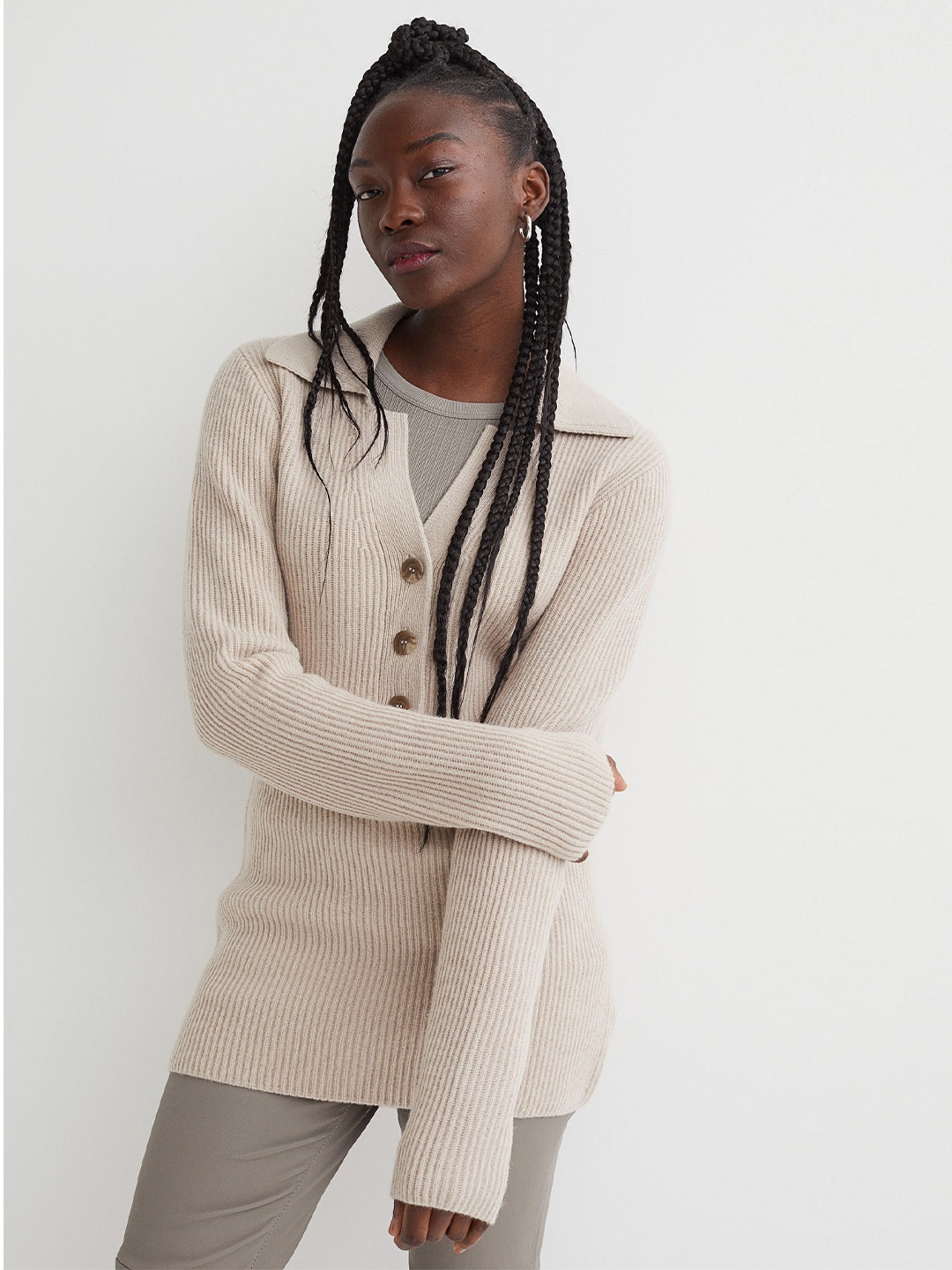 

H&M Women Beige Rib-knit Wool Jumper