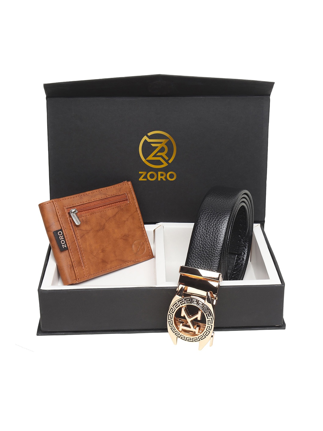 

ZORO Men Black & Tan-Brown Solid Belt & Wallet Set