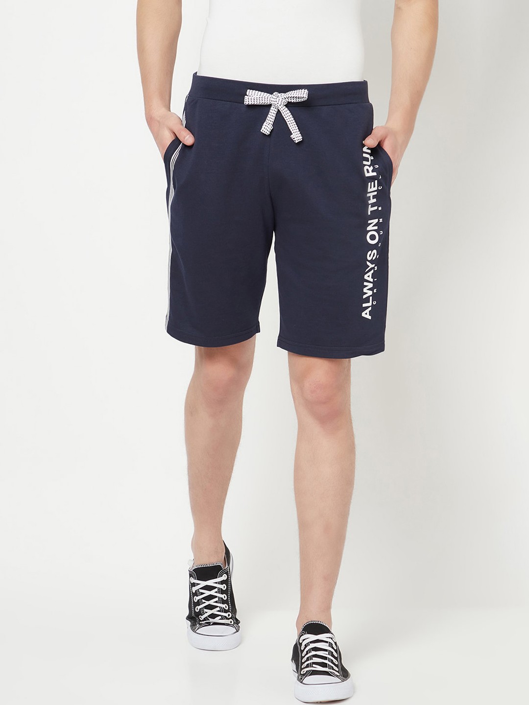 

Crimsoune Club Men Navy Blue & White Typography Printed Slim Fit Sports Shorts