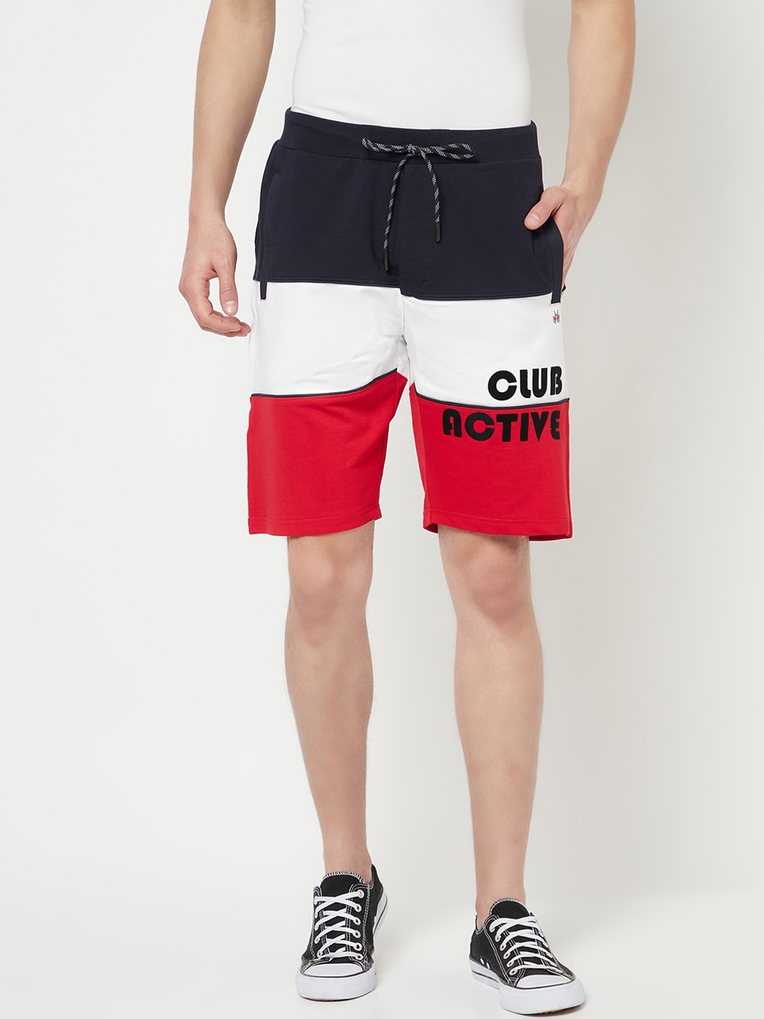 

Crimsoune Club Men Navy Blue & Red Colourblocked Slim Fit Outdoor Shorts