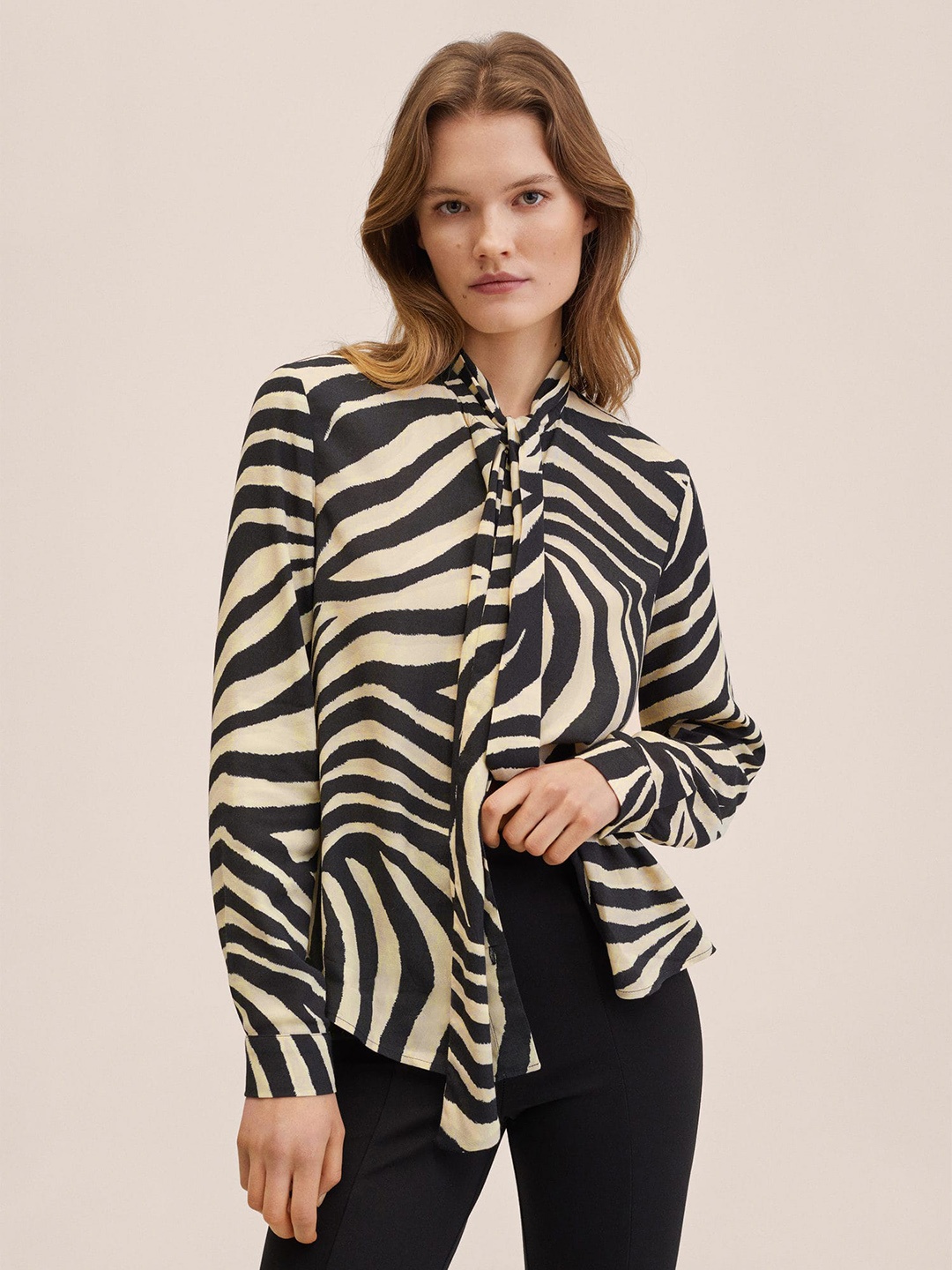 

MANGO Women Beige & Black Animal Print Tie-Up Neck Shirt Style Top