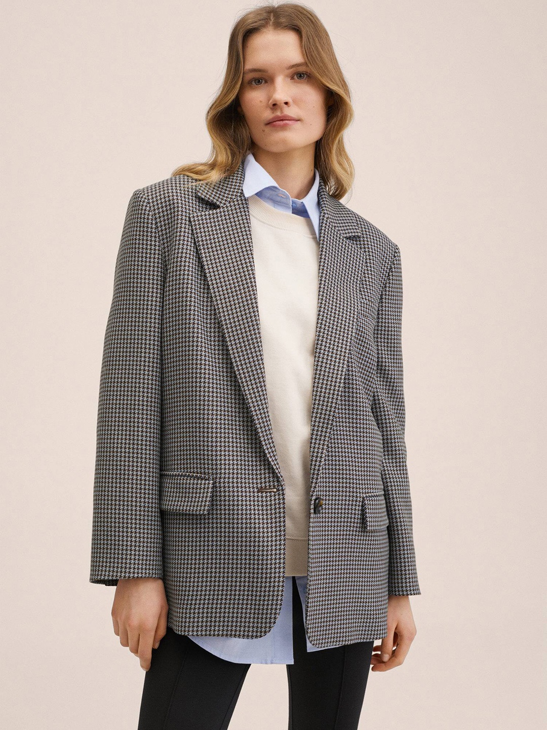 

MANGO Women Grey & Blue Oversized Houndstooth Printed Blazer