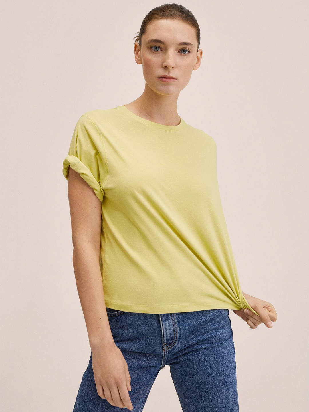 

MANGO Women Yellow Cotton T-shirt