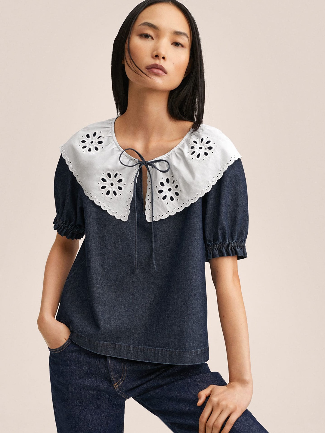

MANGO Women Navy Blue & White Tie-Up Neck Schiffli Pure Cotton Denim Top