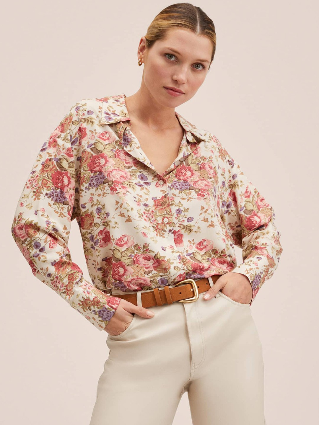 

MANGO Women Off White & Pink Floral Printed Casual Oversized Shirt