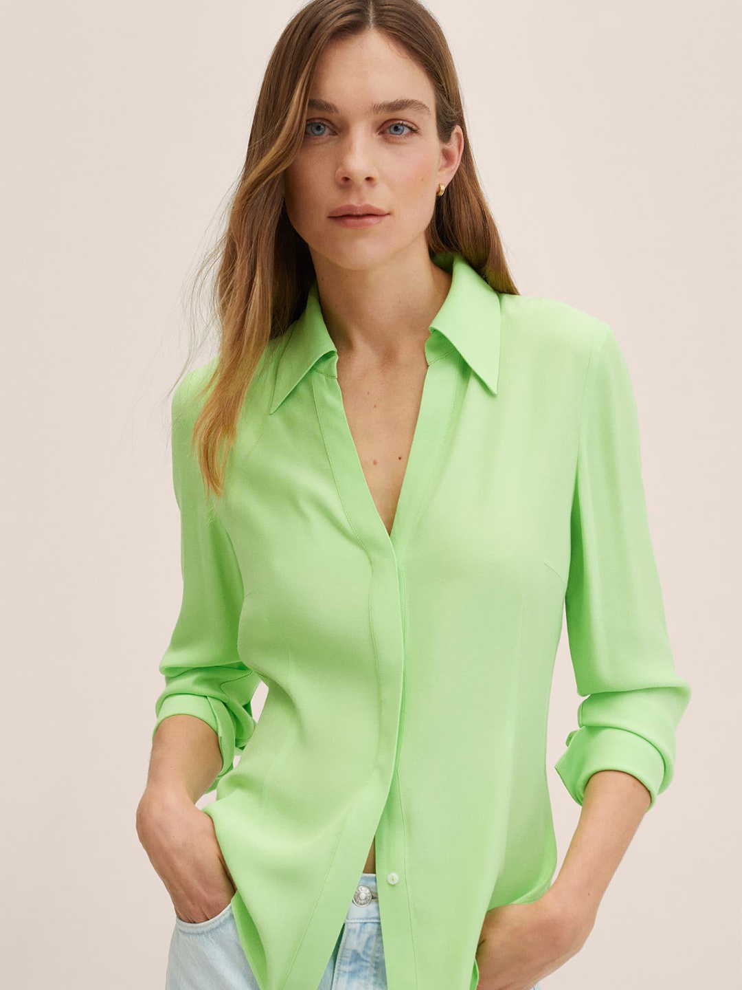 

MANGO Women Green Solid Casual Shirt