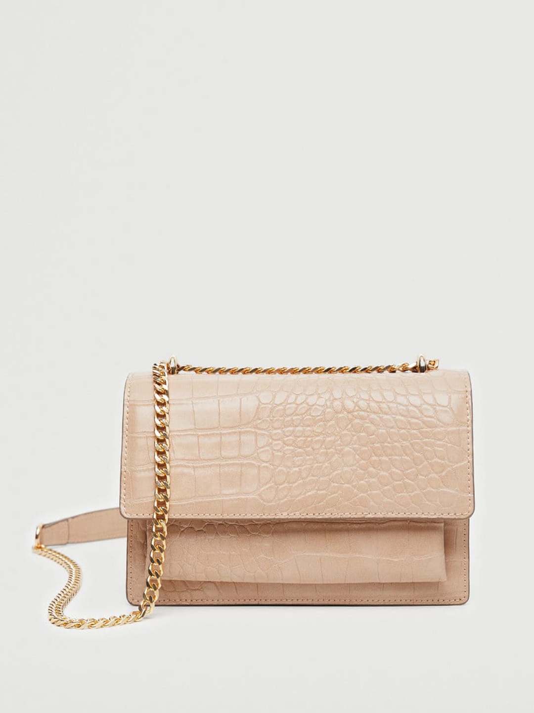 

MANGO Beige Croc Textured Structured Sling Bag with Non-Detachable Sling Strap