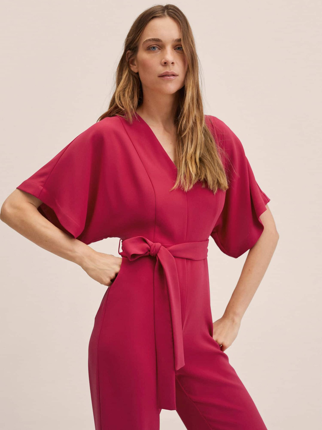 

MANGO Women Fuchsia Pink Basic Jumpsuit with a Belt