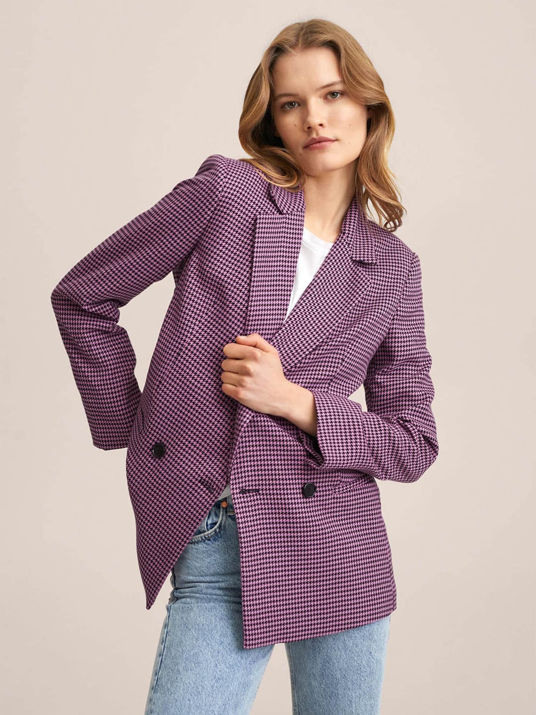 

MANGO Women Houndstooth Pattern Blazer, Lavender