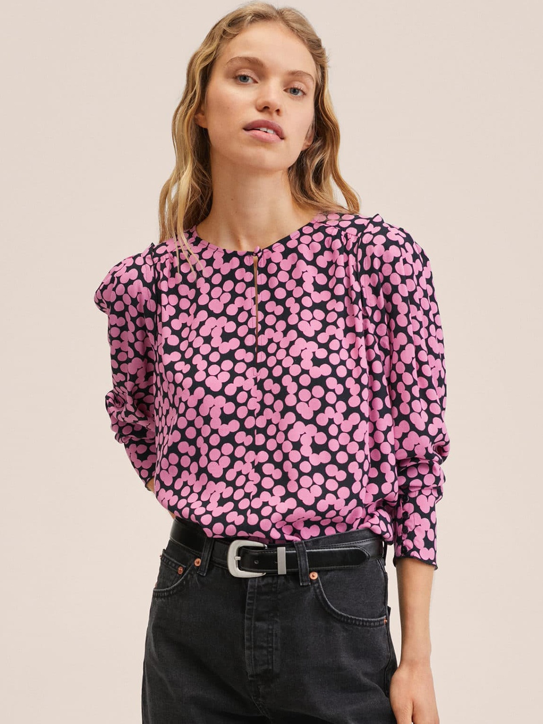

MANGO Women Pink & Black Printed Keyhole Neck Top