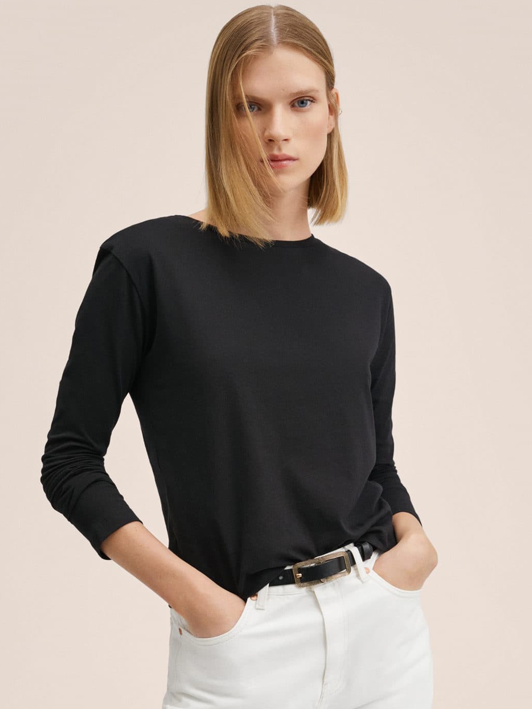 MANGO Women Black Solid Cotton T-shirt