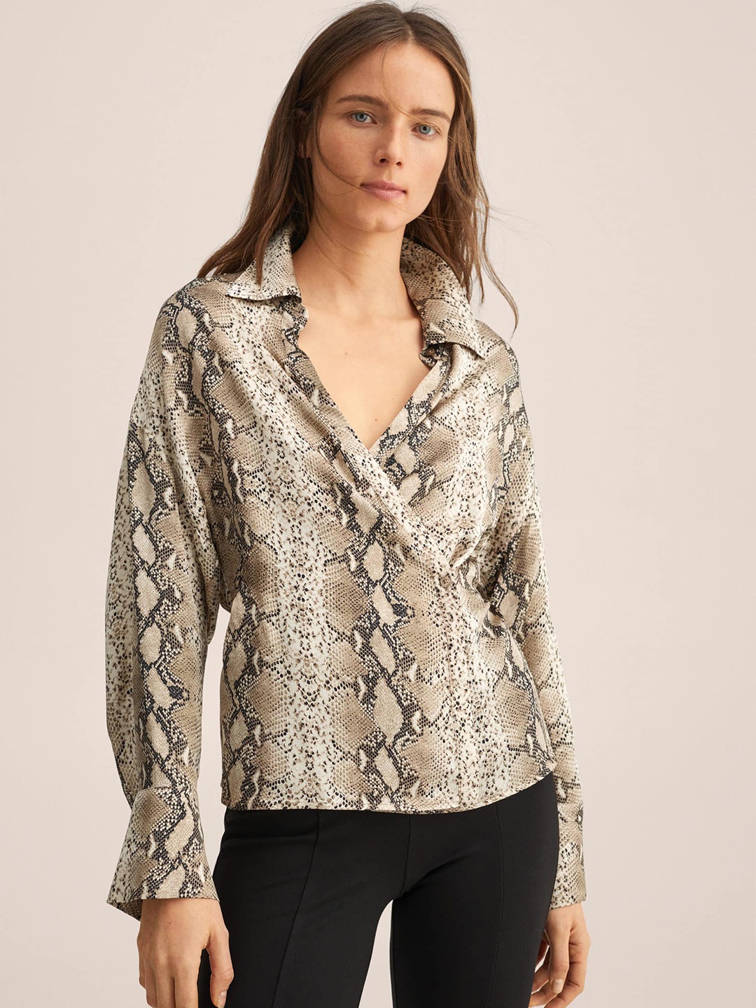 

MANGO Women Beige & Black Animal Print Wrap Top