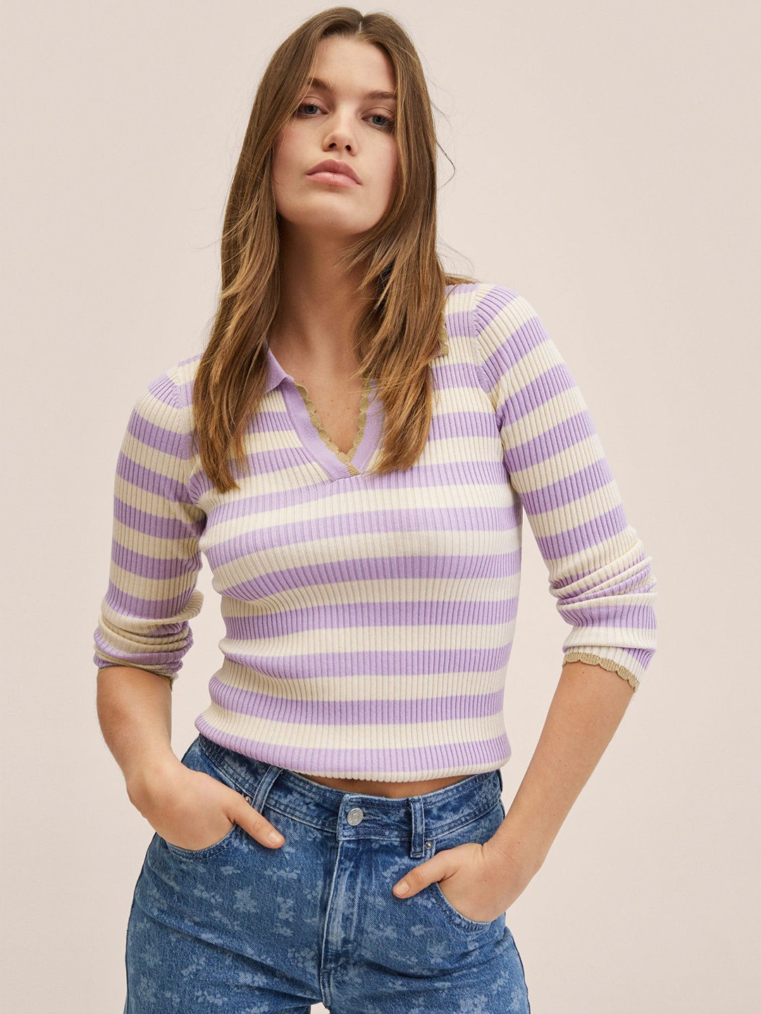 

MANGO Women Lavender & White Striped Polo Collar T-shirt