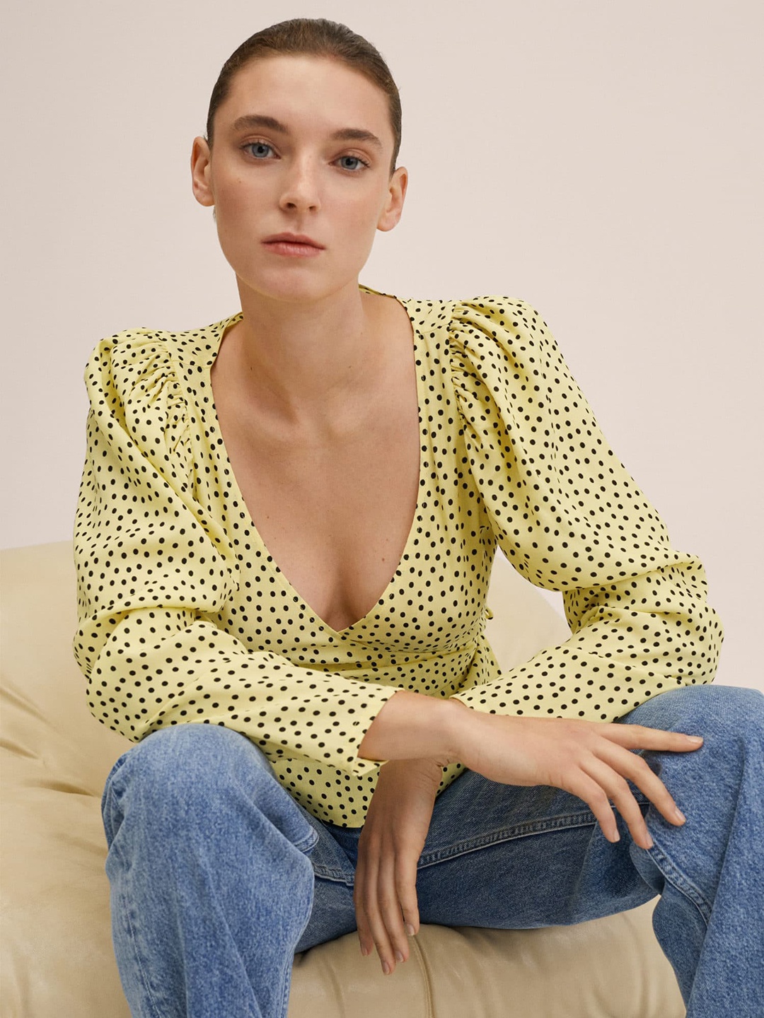 

MANGO Women Yellow & Black Printed Wrap Top