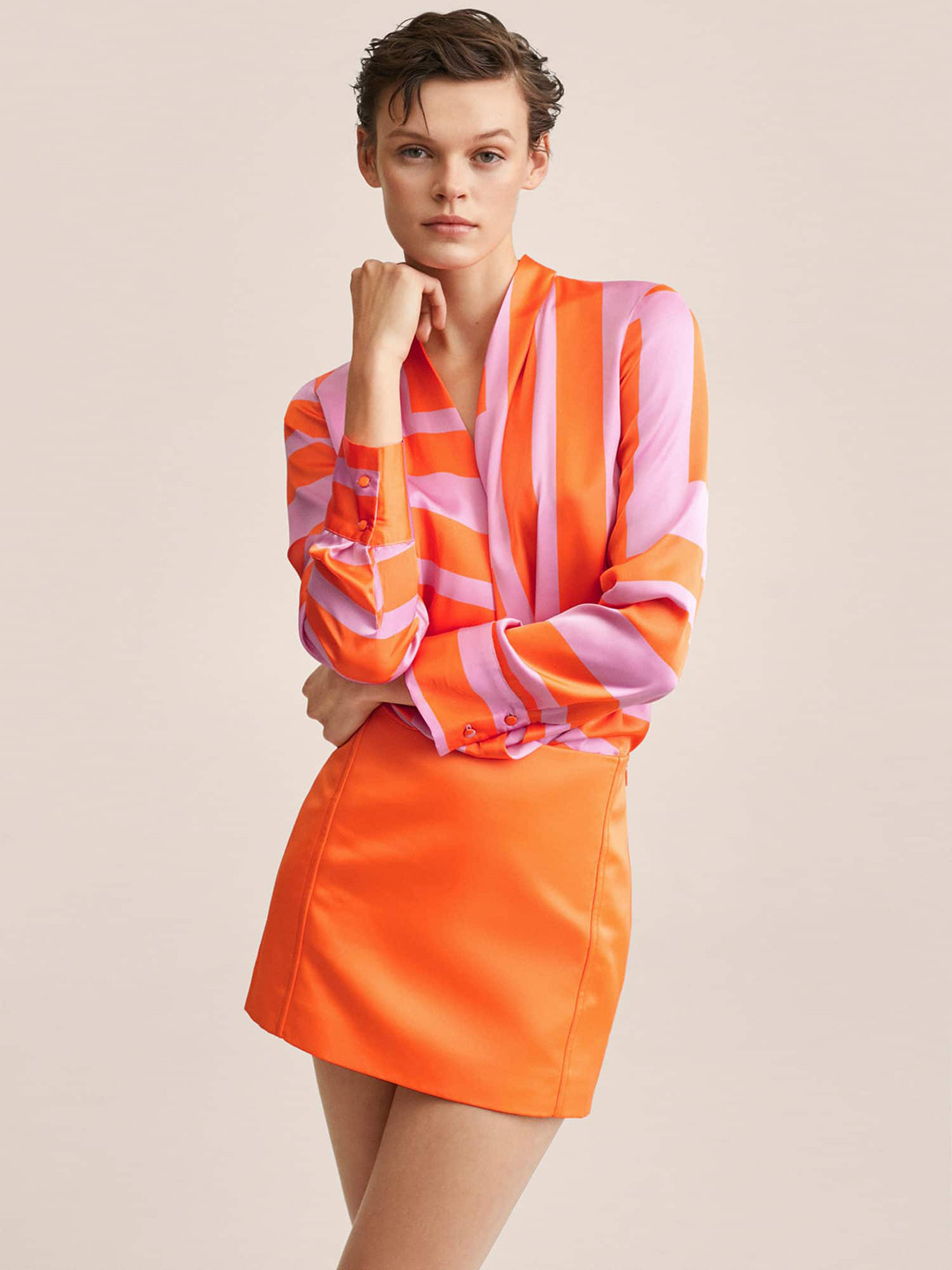 

MANGO Women Orange & Pink Geometric Print Shirt Style Top