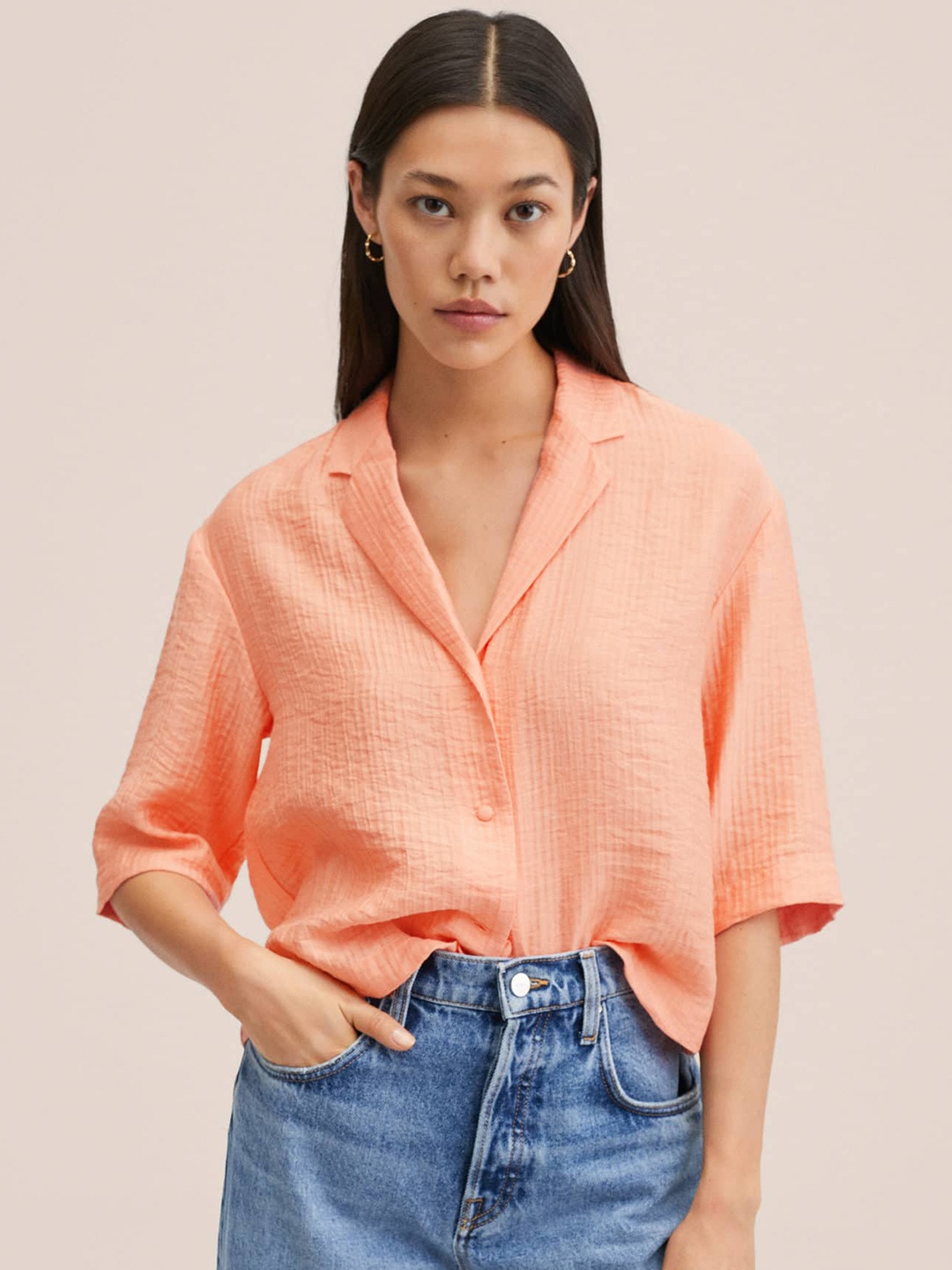 

MANGO Women Peach-Coloured Solid Casual Shirt