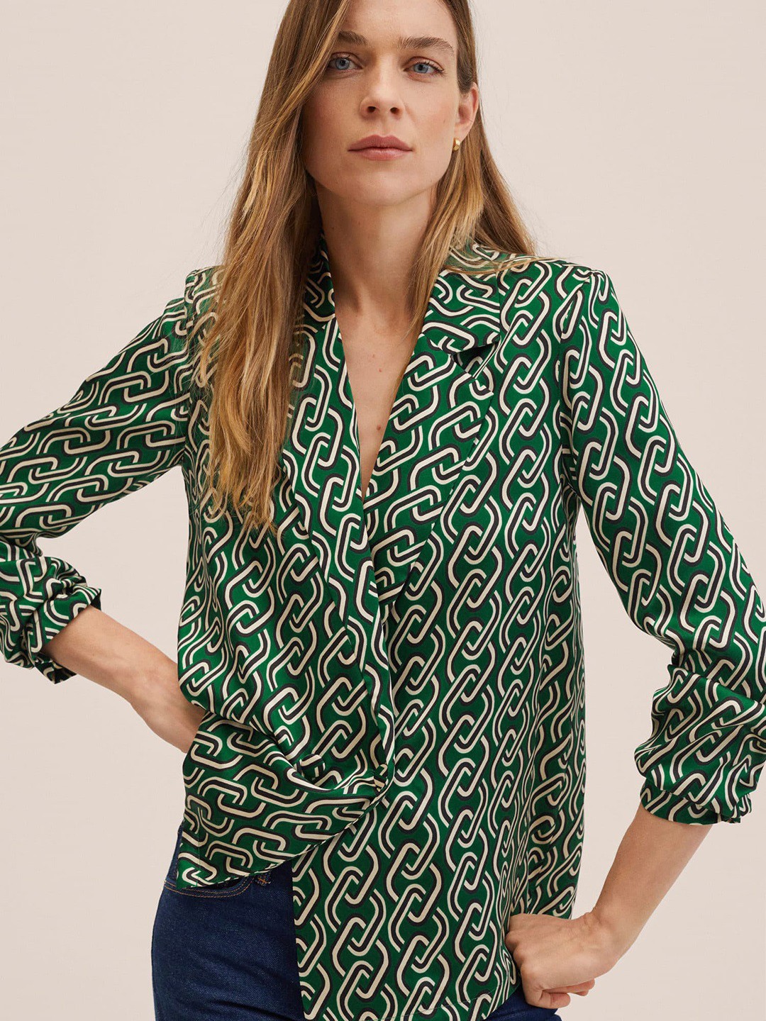 

MANGO Women Green & Off White Printed Casual Shirt