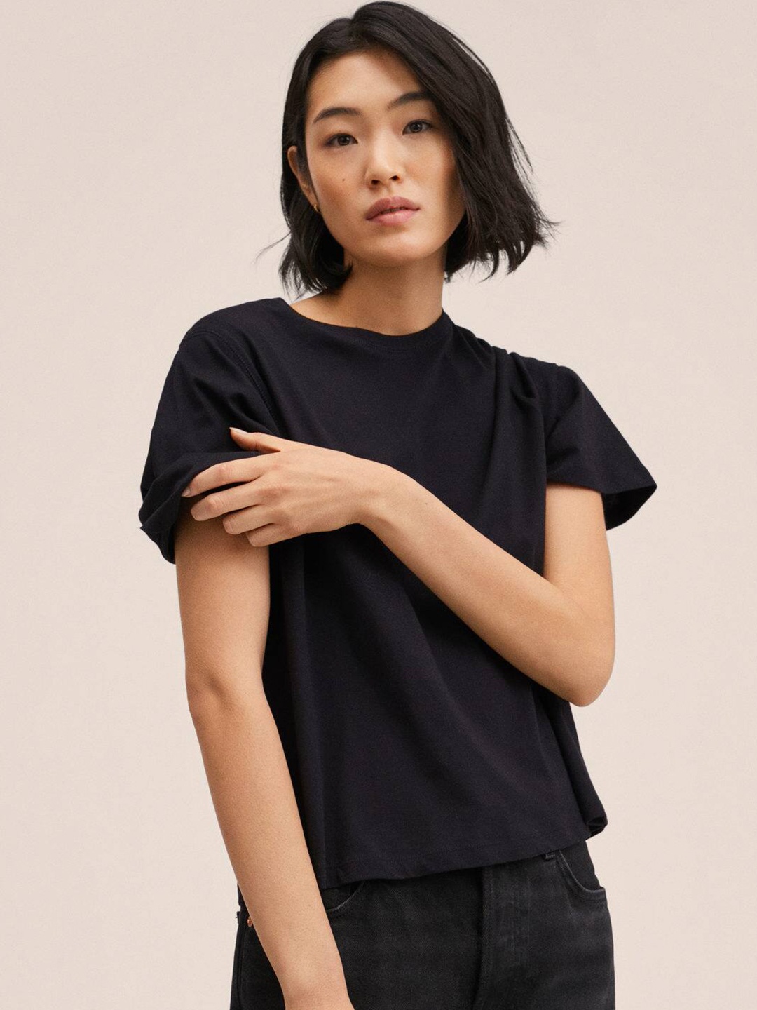 

MANGO Women Navy Blue Pure Cotton T-shirt