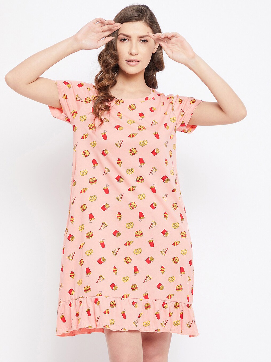 

Clovia Pink Printed Pure Cotton T-Shirt Nightdress With Pocket