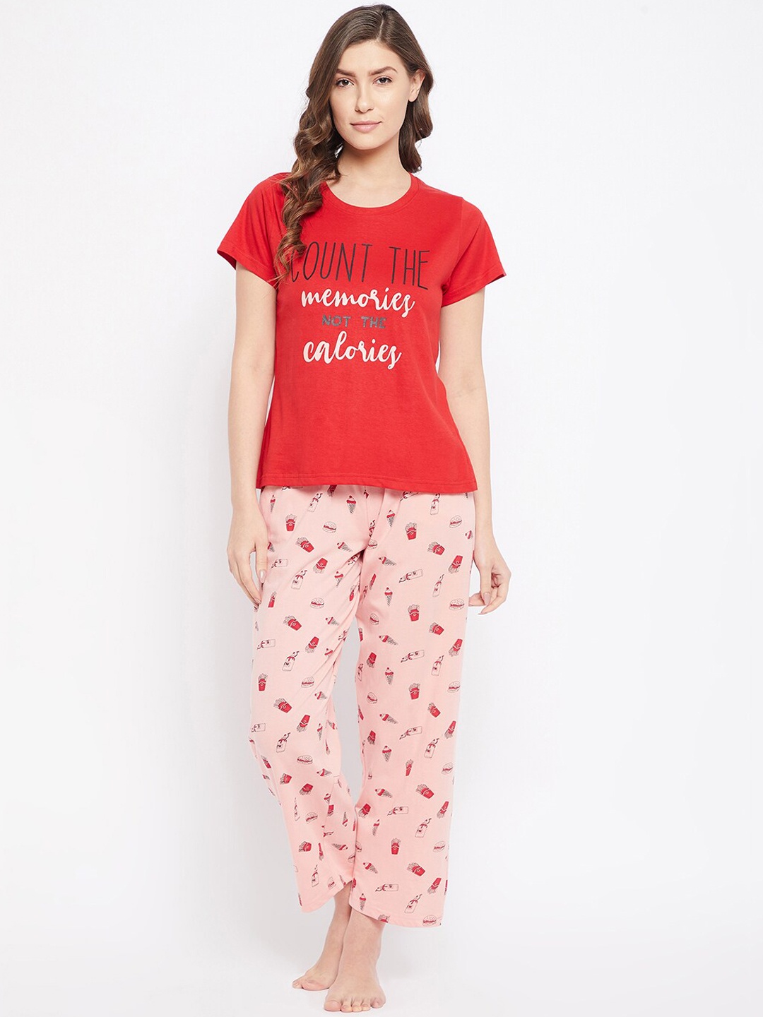 

Clovia Women Red & White Printed Pure Cotton Night suit