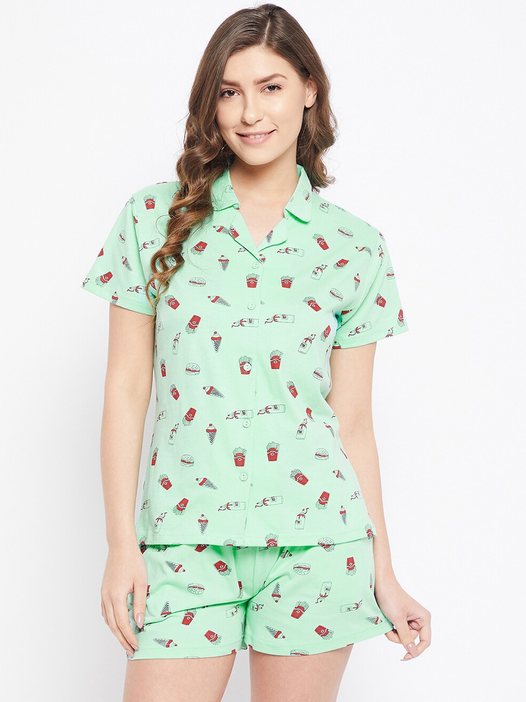 

Clovia Women Cotton Printed Shirt & Shorts Set, Green