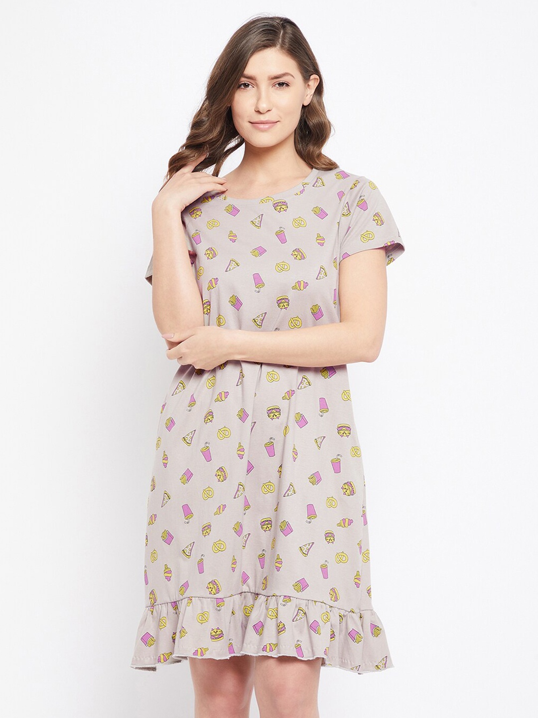 

Clovia Women Grey & Purple Printed Nightdress