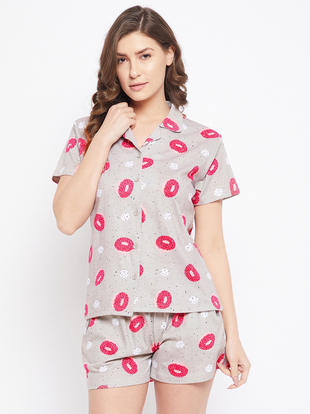 

Clovia Grey Conversational Printed Pure Cotton Shirt & Shorts Night Suit