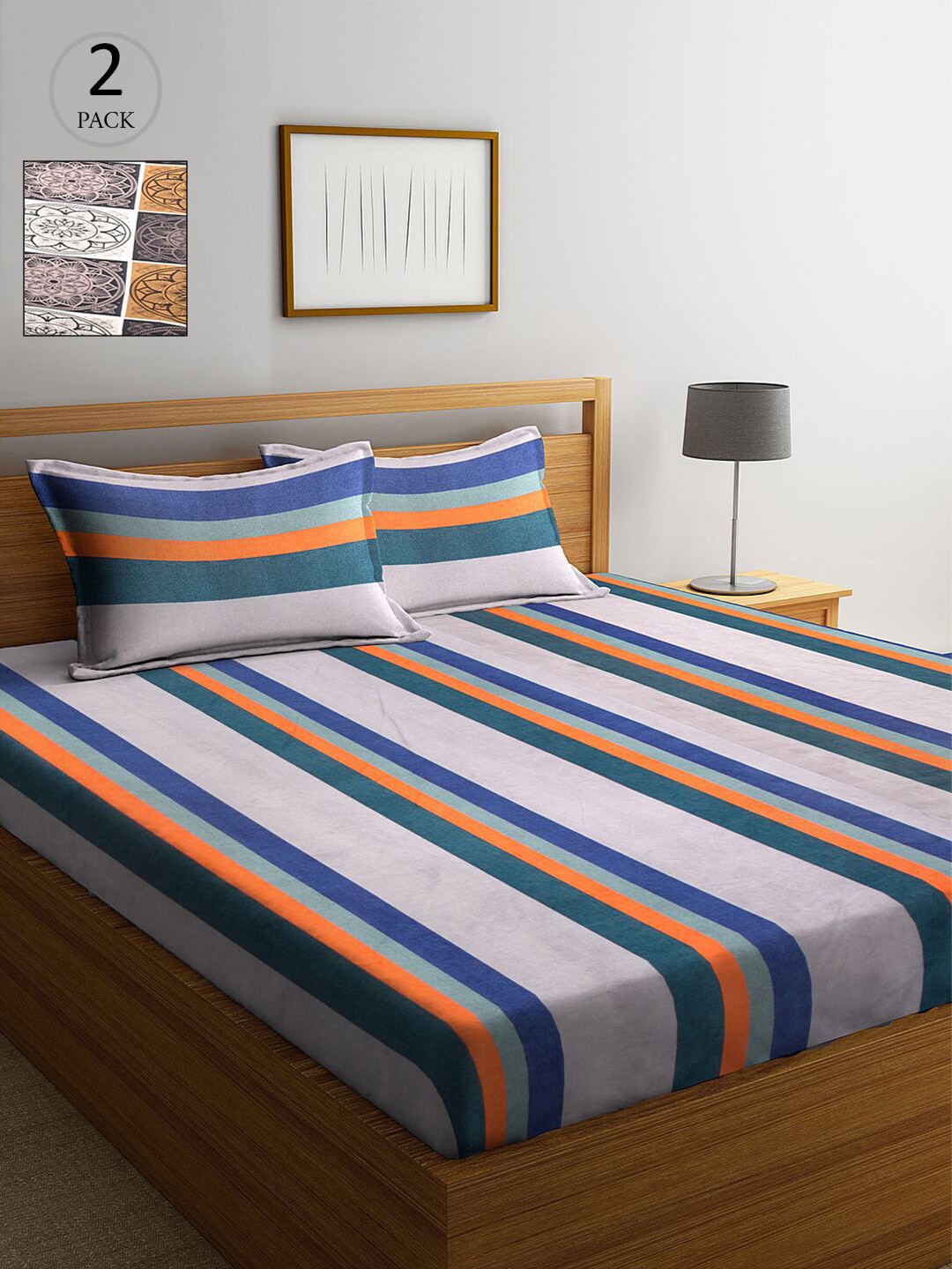 

KLOTTHE Navy Blue & Camel Brown Striped 210 TC 2 King Bedsheet with 4 Pillow Covers