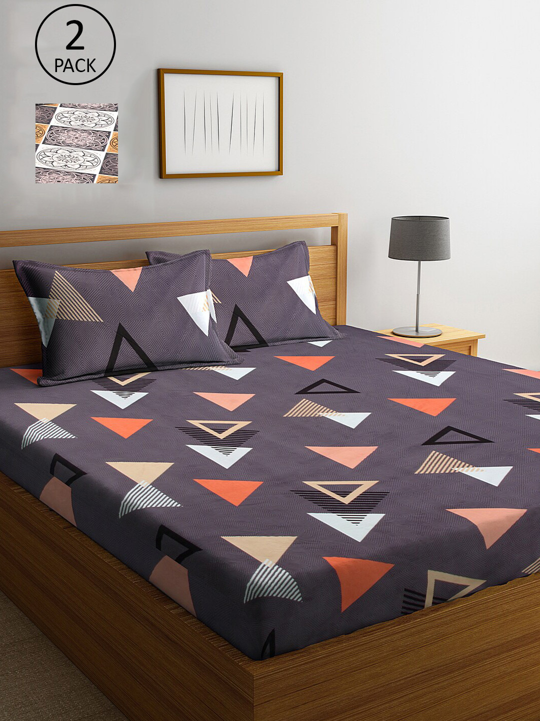 

KLOTTHE Grey & Brown Geometric 210 TC 2 King Bedsheet with 4 Pillow Covers