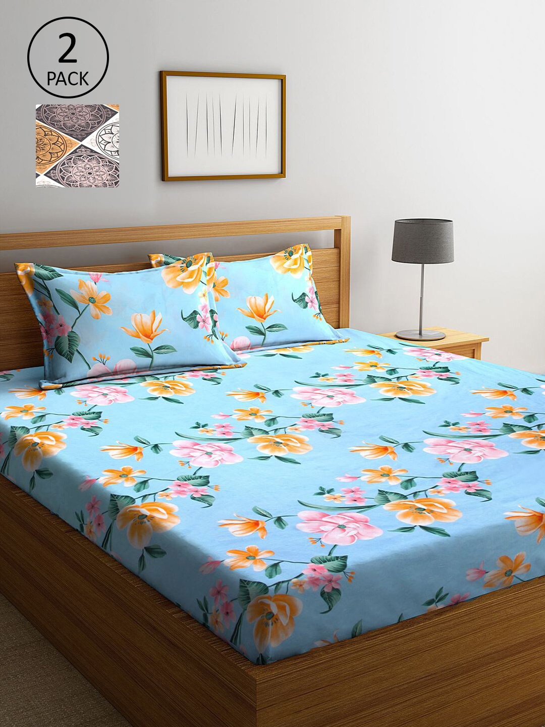 

KLOTTHE Blue & Grey Floral 210 TC 2 King Bedsheet with 4 Pillow Covers