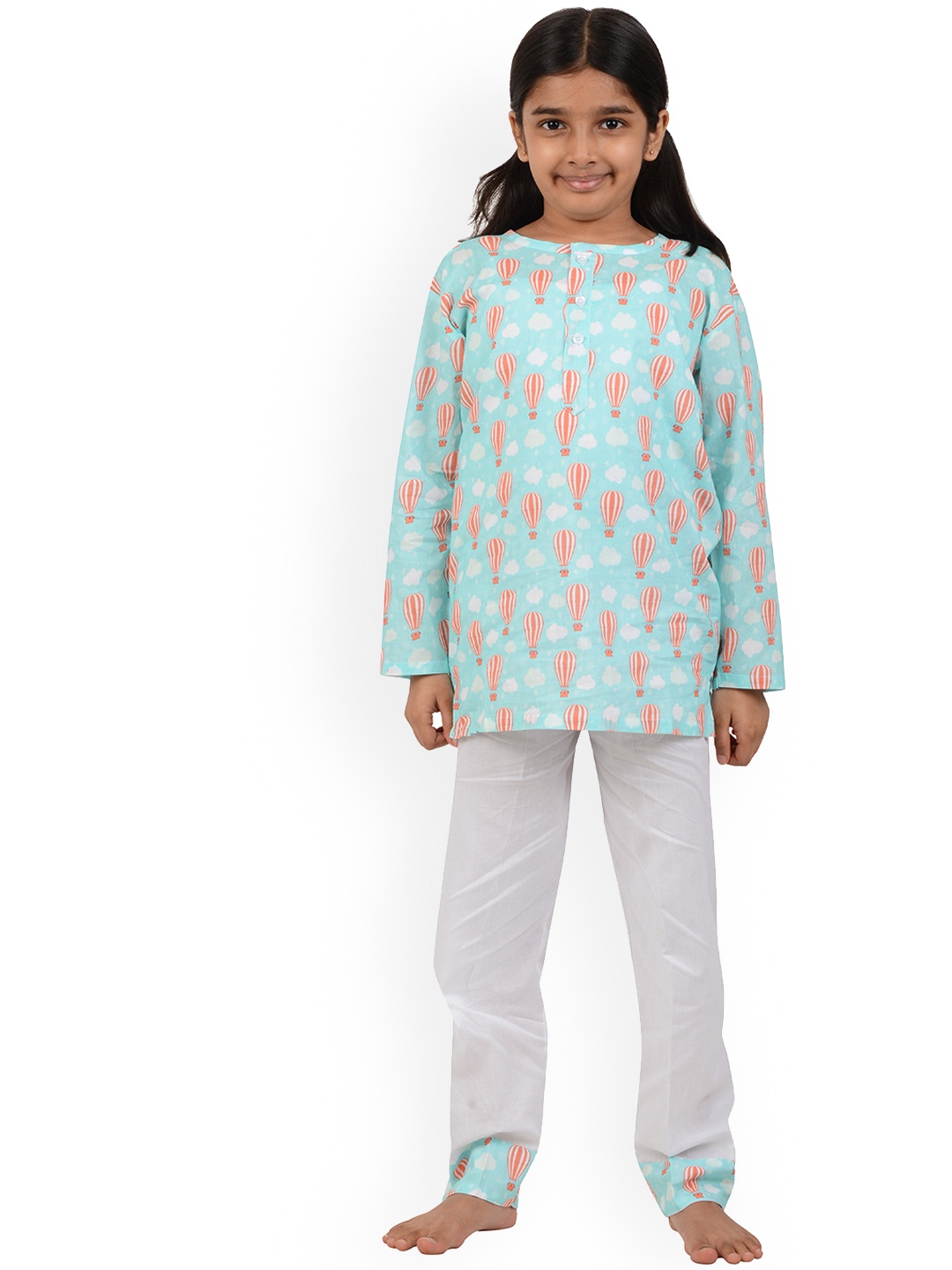 

frangipani Girls Blue & Peach-Coloured Printed Pure Cotton Night suit