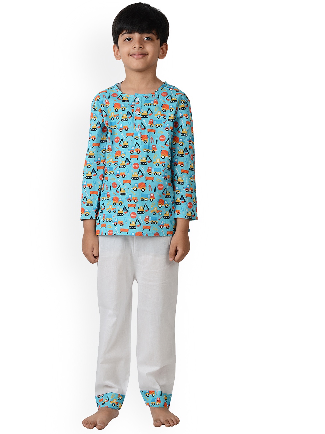 

frangipani Boys Blue & White Graphic Printed Pure Cotton Night Suit