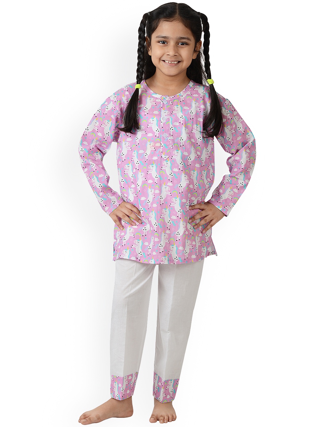 

frangipani Girls Pink & White Unicorn Printed Night suit