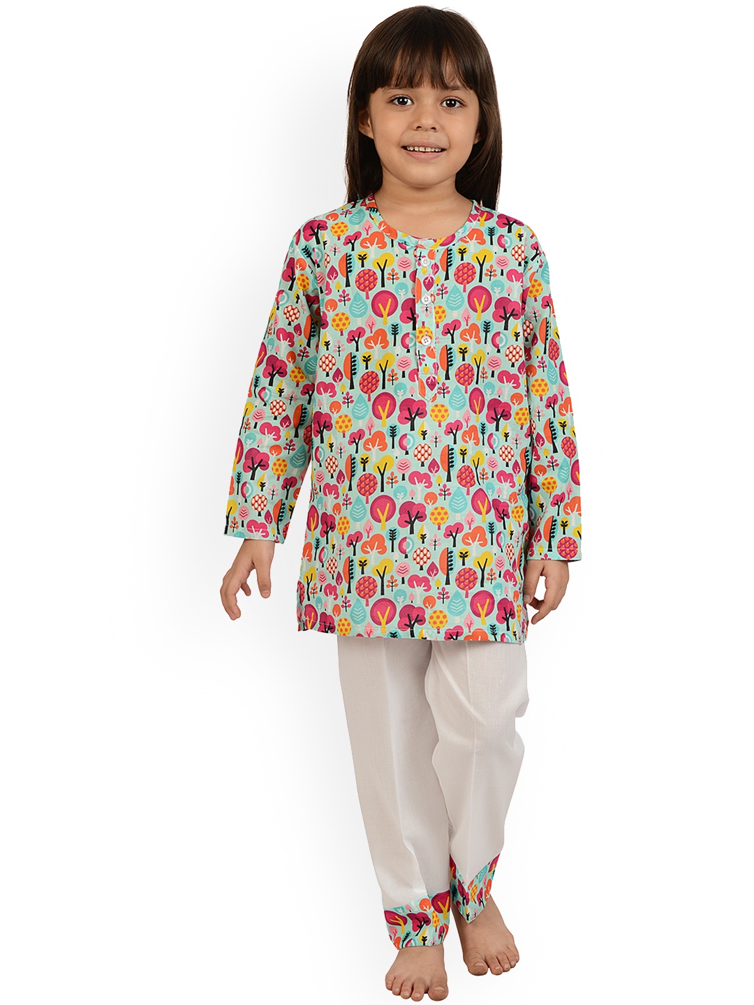 

frangipani Girls Turquoise Blue & Pink Printed Pure Cotton Night suit