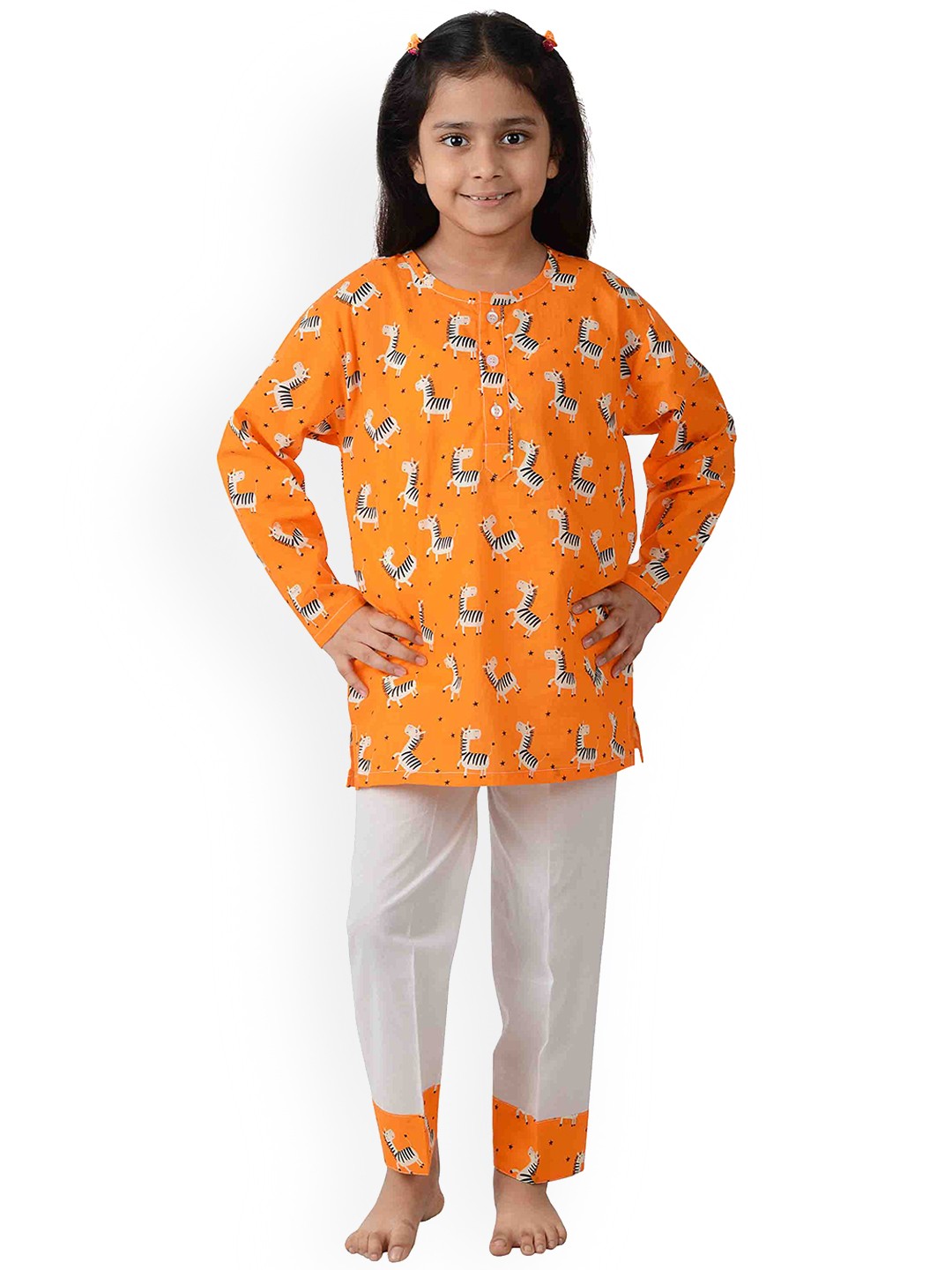 

frangipani Girls Orange & White Cotton Printed Night Suit