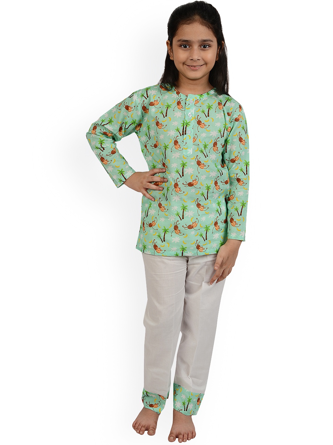 

frangipani Kids Green & White Printed Cotton Night suit