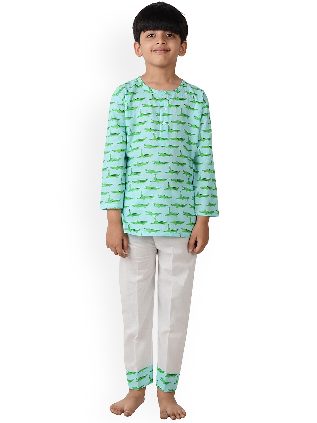 

frangipani Unisex Kids Green & White Graphic Printed Pure Cotton Night Suit