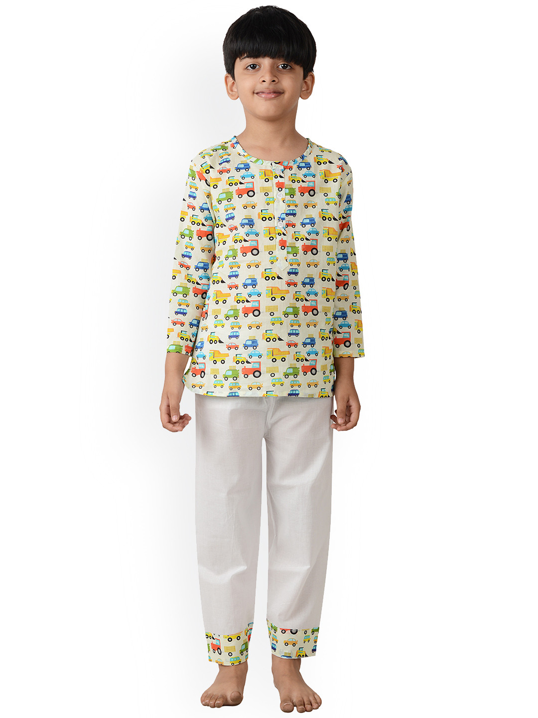 

frangipani Boys Green & White Motorcade Morning Printed Pure Cotton Night suit
