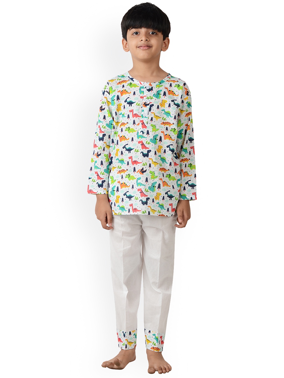 

frangipani Kids White & Green Graphic Printed Pure Cotton Night Suit