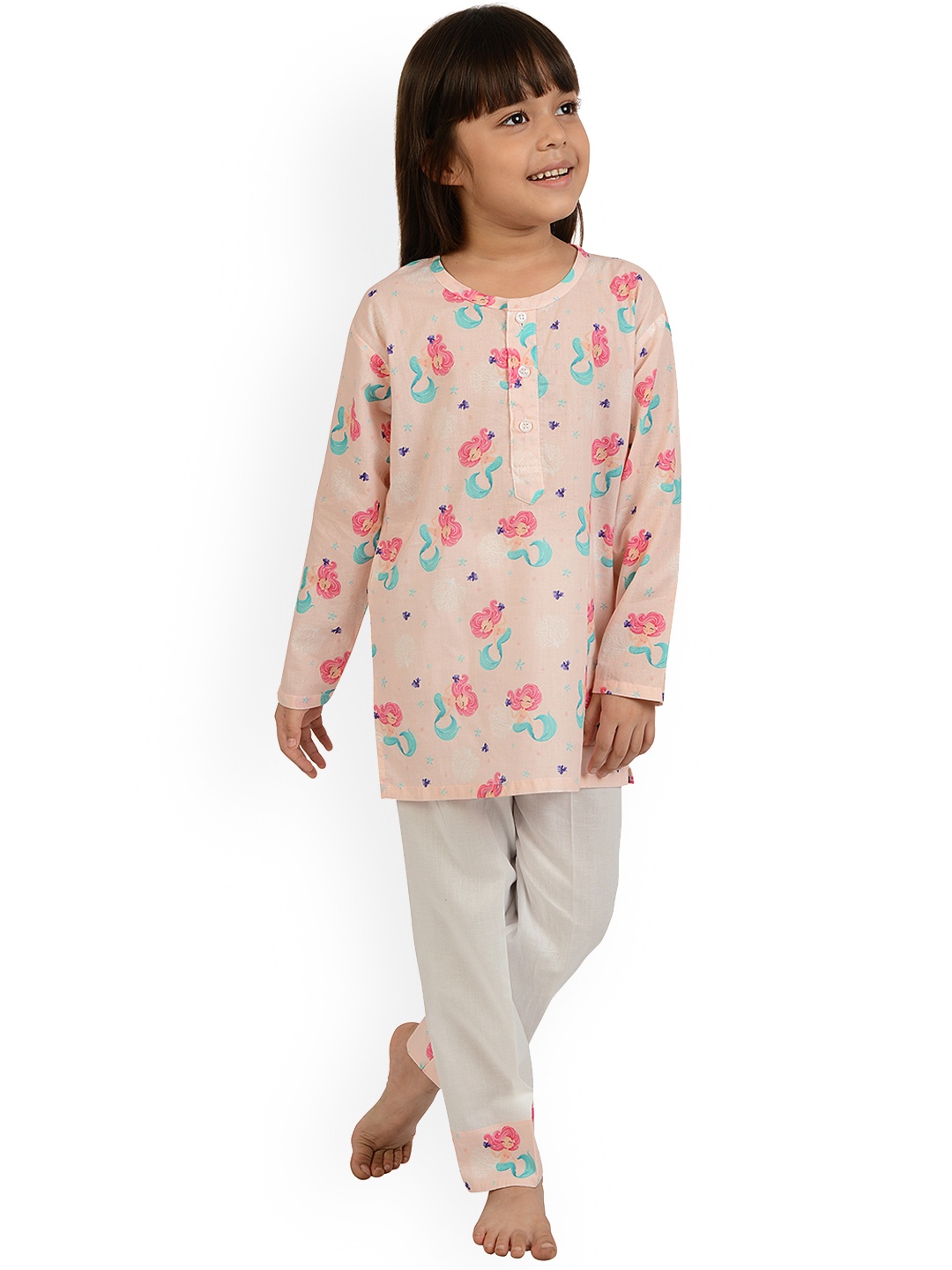 

frangipani Girls Pink & White Pure Cotton Printed Night suit