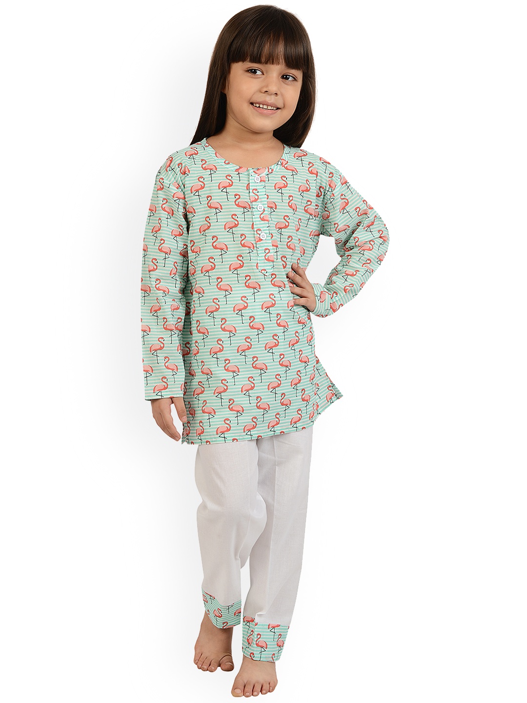 

frangipani Girls Sea Green & Peach-Coloured Printed Cotton Night Suit