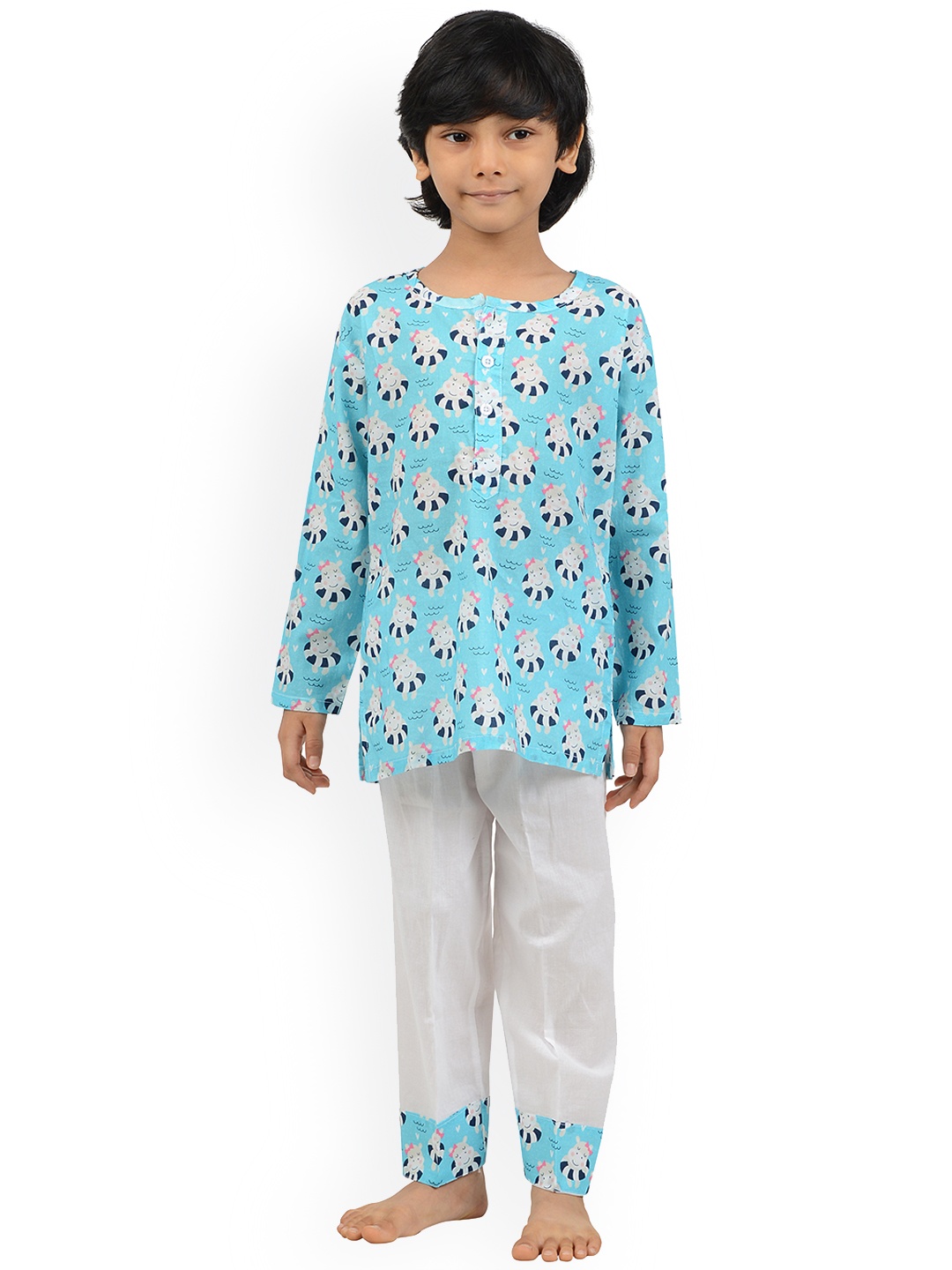

frangipani Kids Blue & White Graphic Printed Pure Cotton Night suits