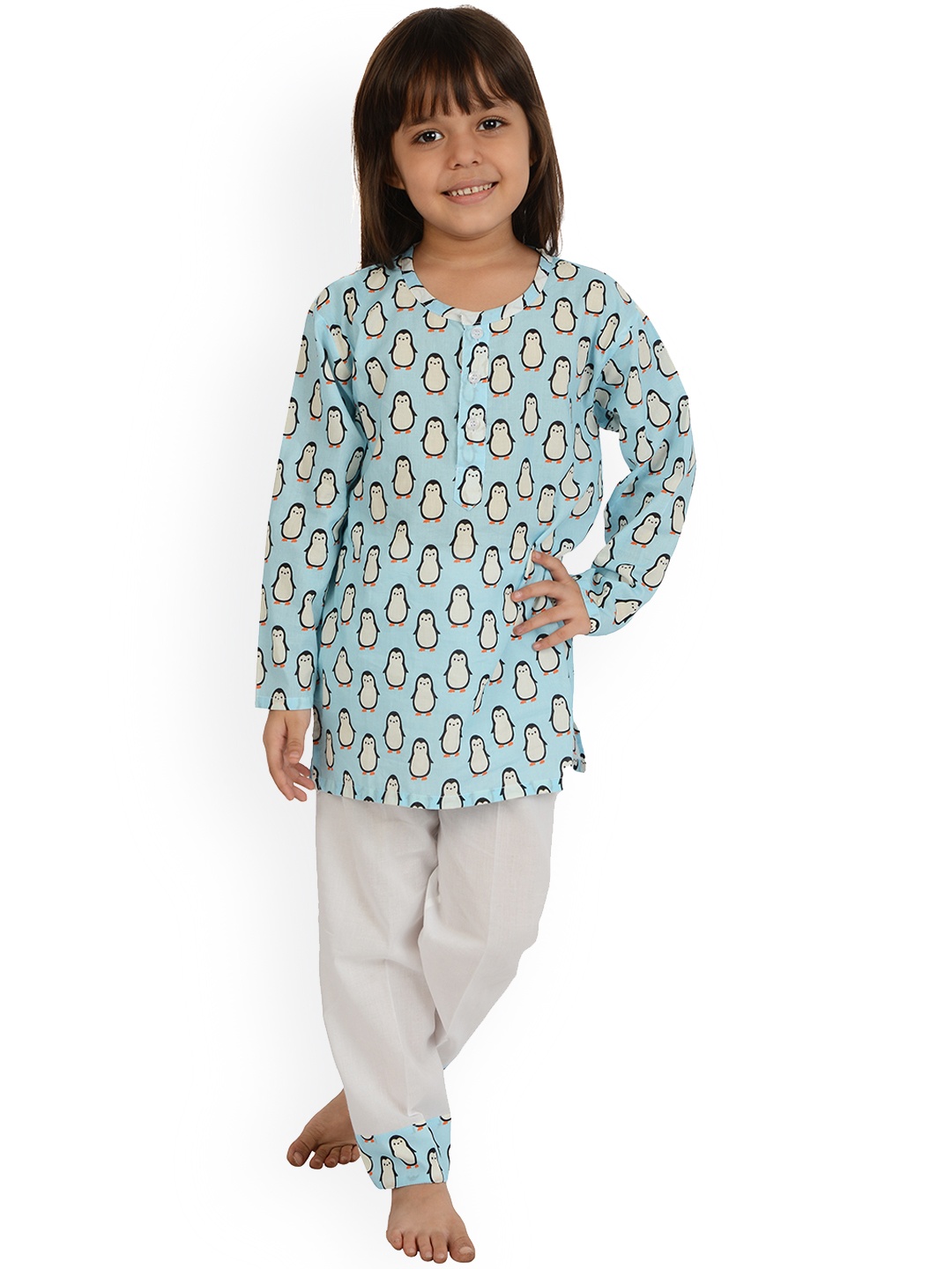 

frangipani Kids Blue & White Printed Cotton Night suit