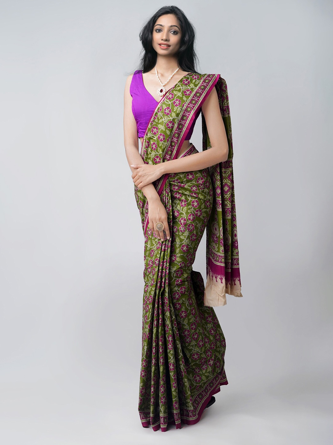 

Unnati Silks Green & Maroon Ethnic Motifs Printed Pure Cotton Kovai Saree