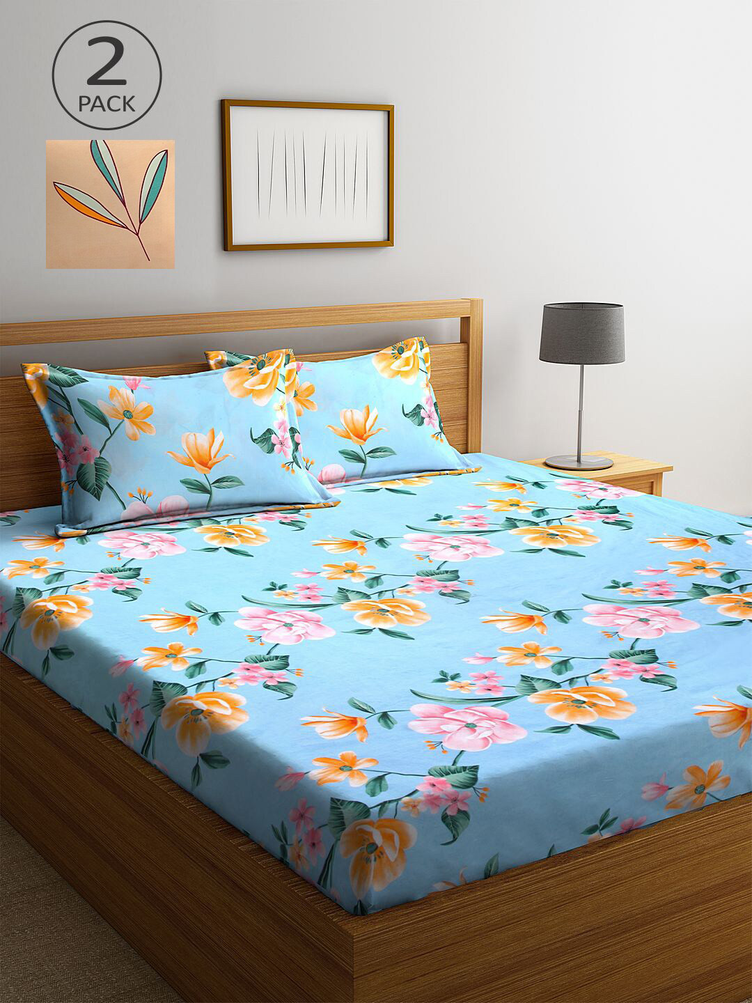 

KLOTTHE Blue & Beige Floral 210 TC 2 King Bedsheet with 4 Pillow Covers