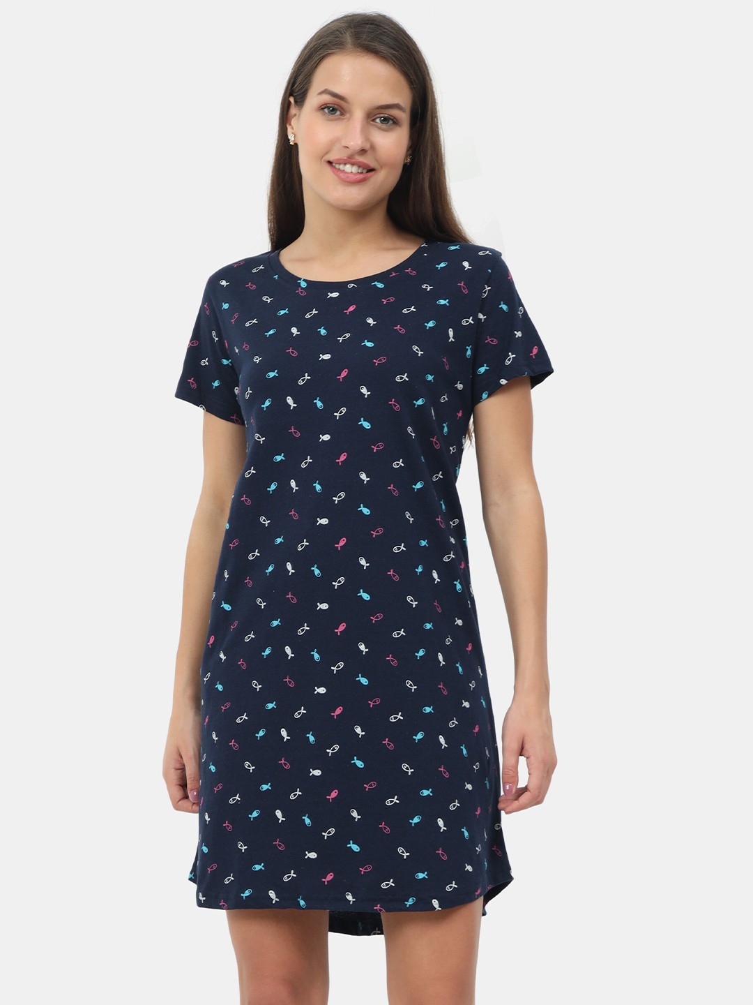 

9shines Label Navy Blue Printed Pure Cotton Nightdress