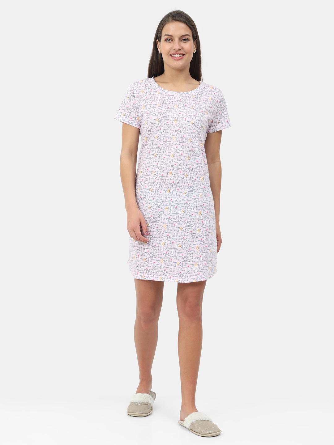 

9shines Label Women Pink & Grey Printed T-shirt Nightdress