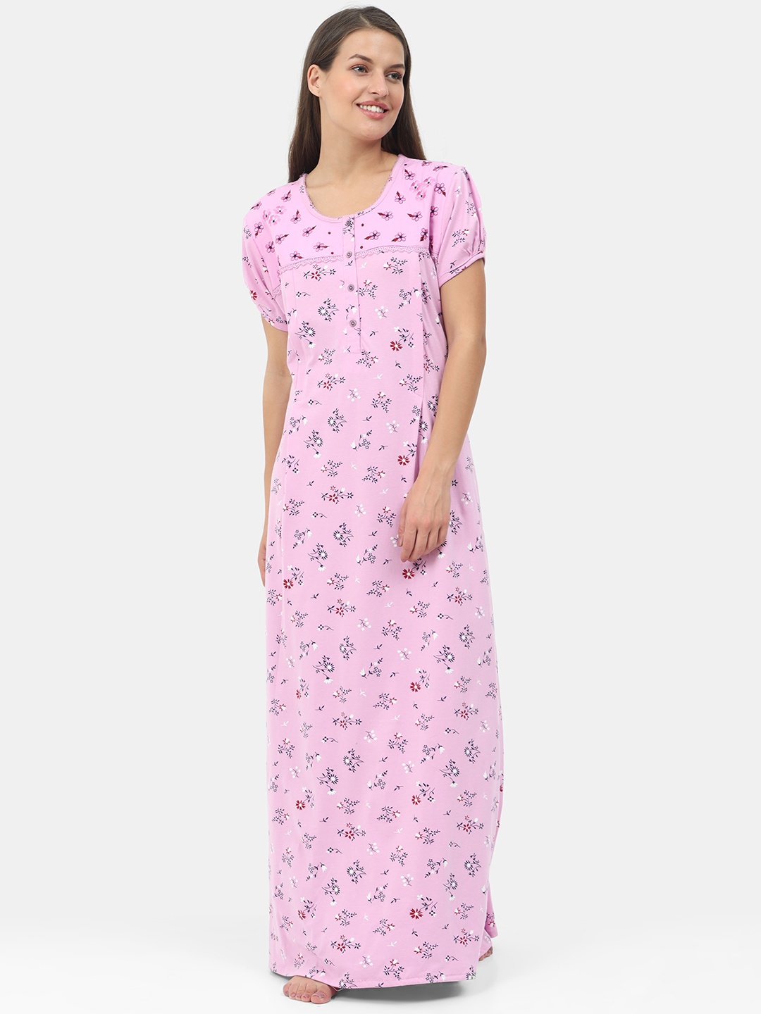 

9shines Label Pink Floral Printed Maternity & Nursing Maxi Nightdress